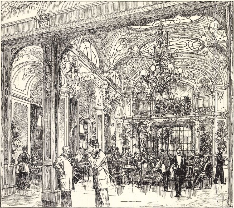 A kávéház télikertjének korabeli ábrázolása (Forrás: Magyar Mérnök- és Építész-Egylet Közlönye, 1894. 5. szám) 09 télikert.jpg