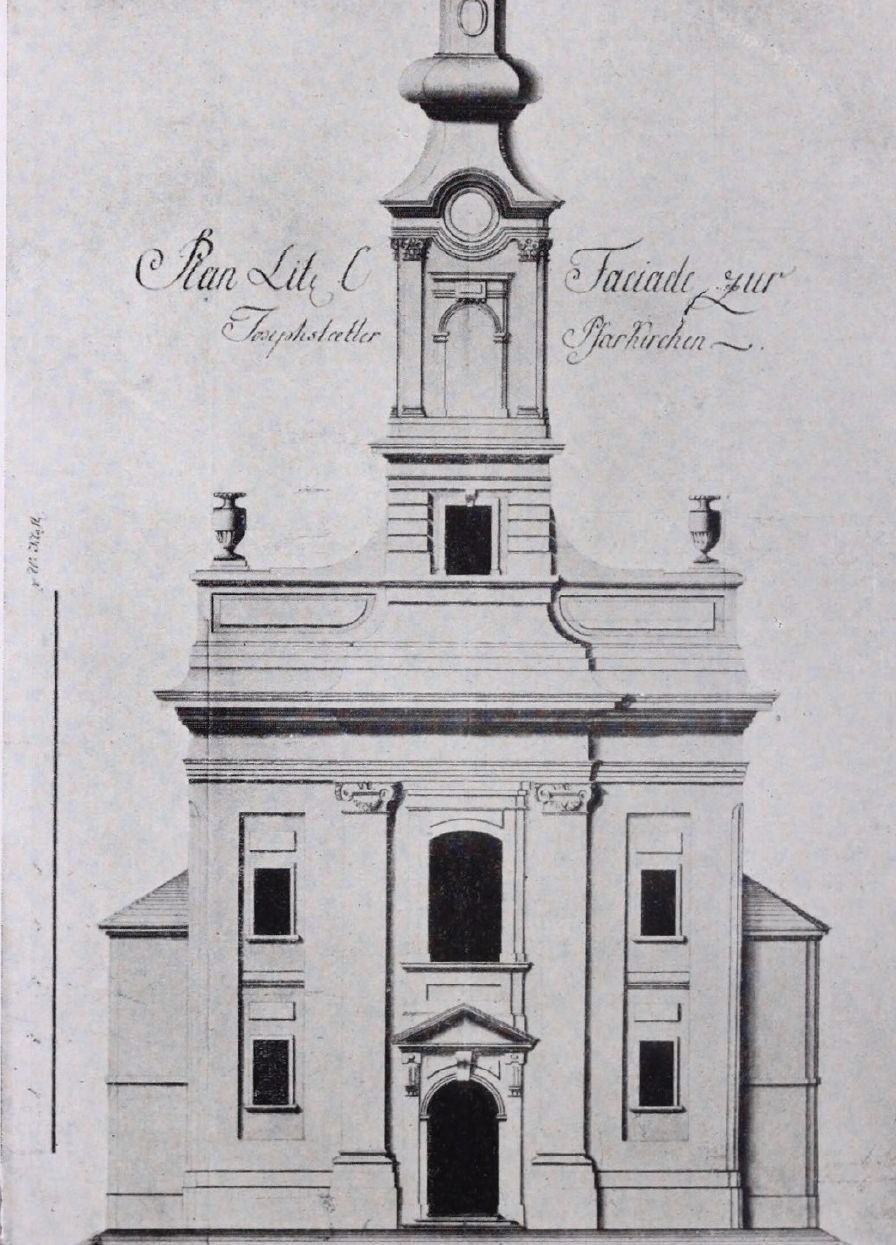 Kundt Ignác egytornyos terve 1796-ból (Forrás: Schoen Arnold: A budapest-józsefvárosi róm. kat. plébánia-templom, 1938) 03 homlok.jpg