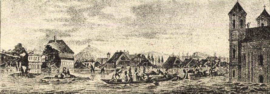 A templom az 1838-as árvíz idején, még gúla alakú toronysisakokkal (Forrás: Vasárnapi Ujság, 1886. március 14.) 06 VasarnapiUjsag_1886__pages177-177 másolata.jpg