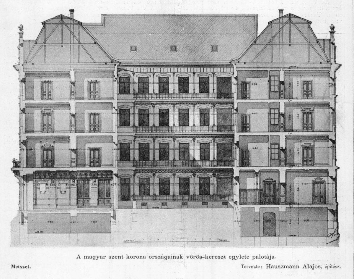 Az épület metszeti rajzán jól látszik a belső udvari homlokzat és az emeletek is (Forrás: Építő Ipar, 1903. március 8.) Vöröekereszt egylet székháza metszet épip 1903 03 08.jpg