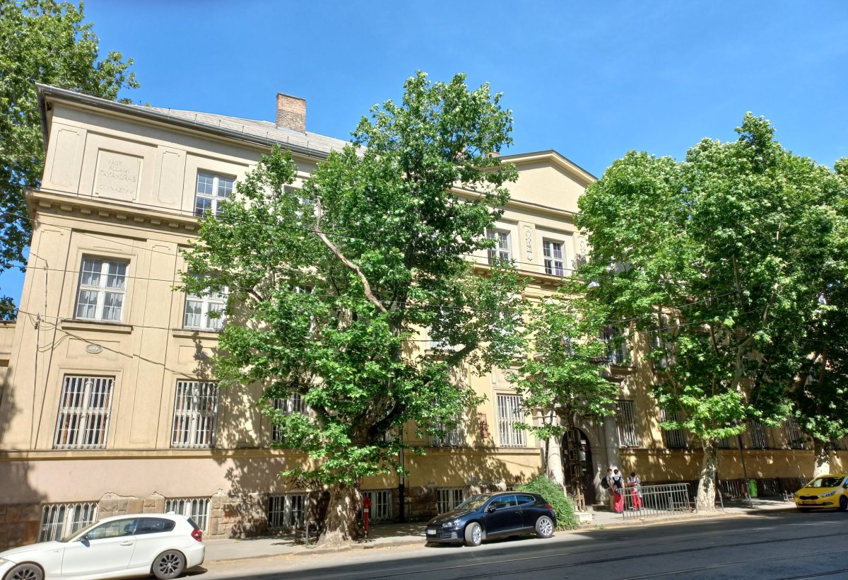 A Fáy András Gimnázium középső traktusa a Mester utcai fák takarásában (Fotó: Dobó Dávid/pestbuda.hu) 03 fáy mester.jpg